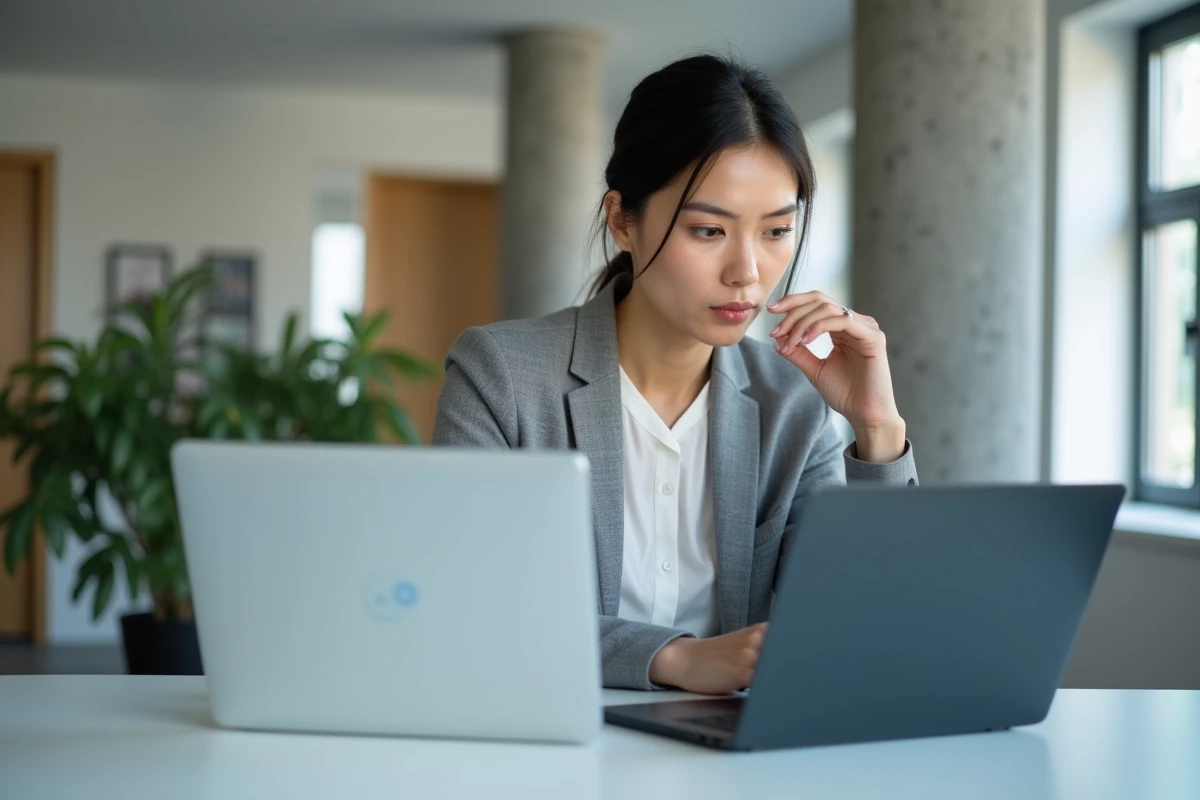 Femme comptable comparant deux logiciels de comptabilité sur des ordinateurs portables dans un bureau moderne