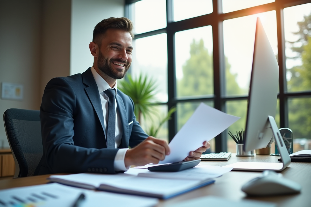Comptable confiant au bureau examine des documents financiers