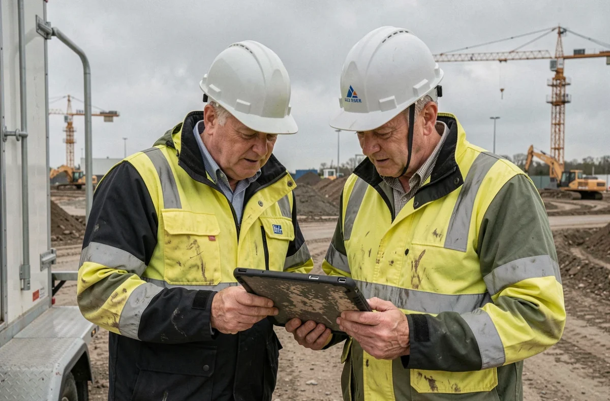 Deux conducteurs de travaux consultant l'actualité BTP sur une tablette numérique sur un grand chantier de construction