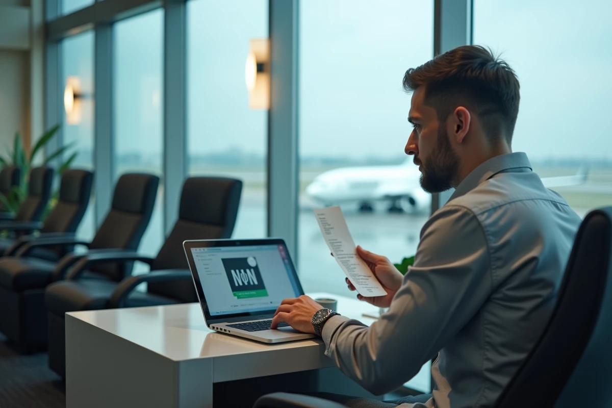 Professionnel de l'aviation utilisant un VPN pour se connecter à l'intranet Air France depuis un salon d'aéroport international