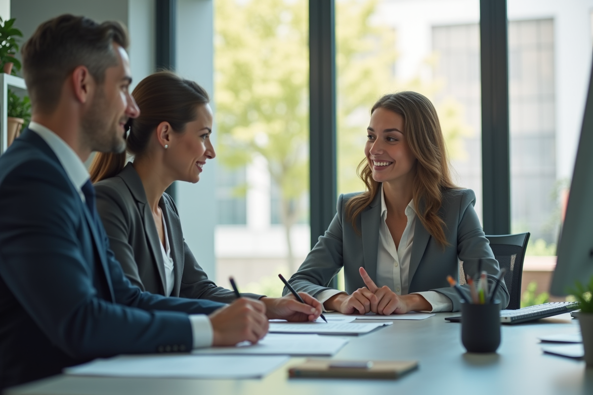 Conseiller emploi en bureau moderne avec un demandeur d'emploi