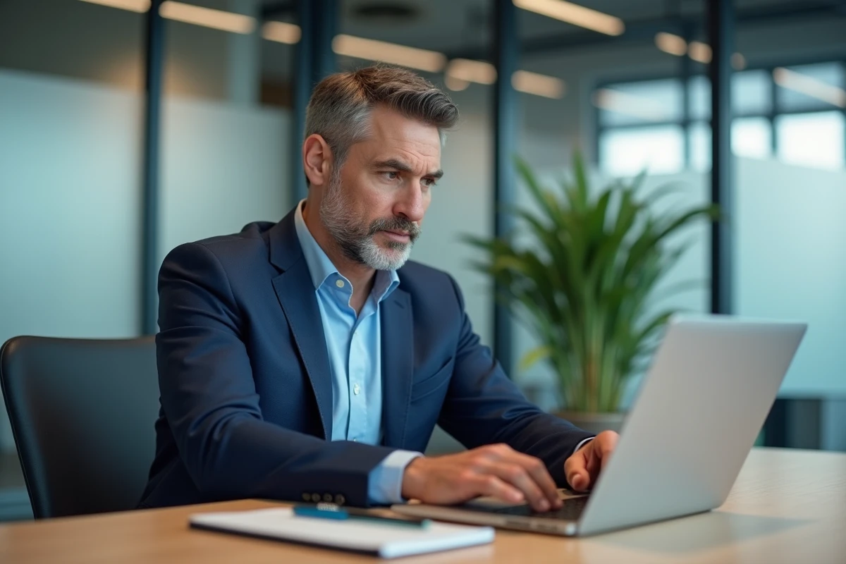Conseiller financier professionnel consultant un espace en ligne dédié aux conseillers sur son ordinateur portable dans un bureau moderne