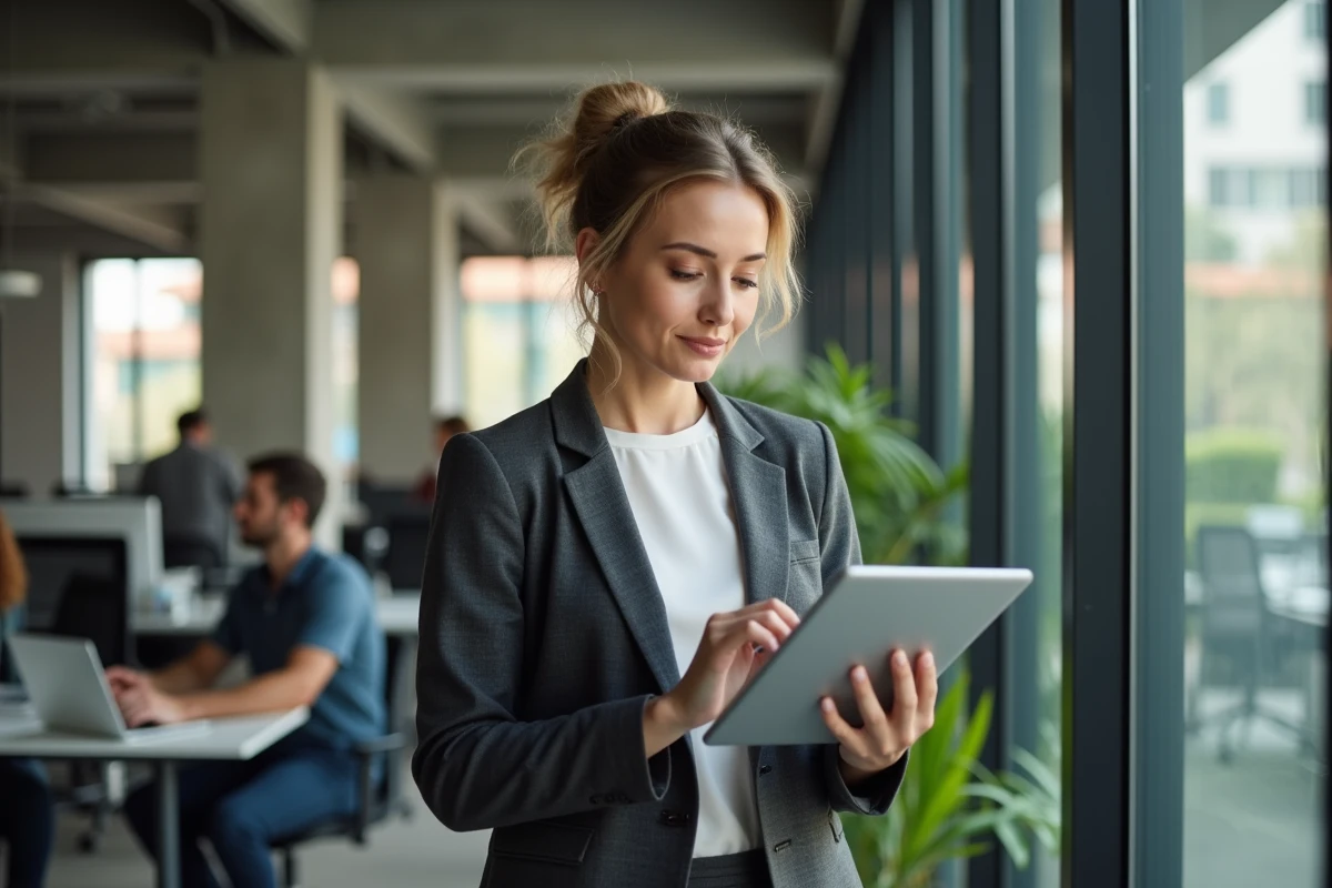 Conseillère professionnelle utilisant une tablette pour accéder à un espace conseillers dans un espace de coworking ouvert