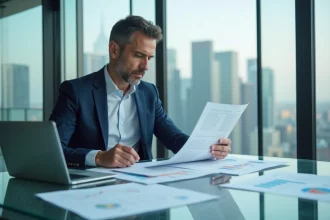 Consultant d'un cabinet de conseil analysant des documents financiers dans un bureau moderne avec vue sur la ville, illustrant l'évaluation de la fiabilité d'une entreprise