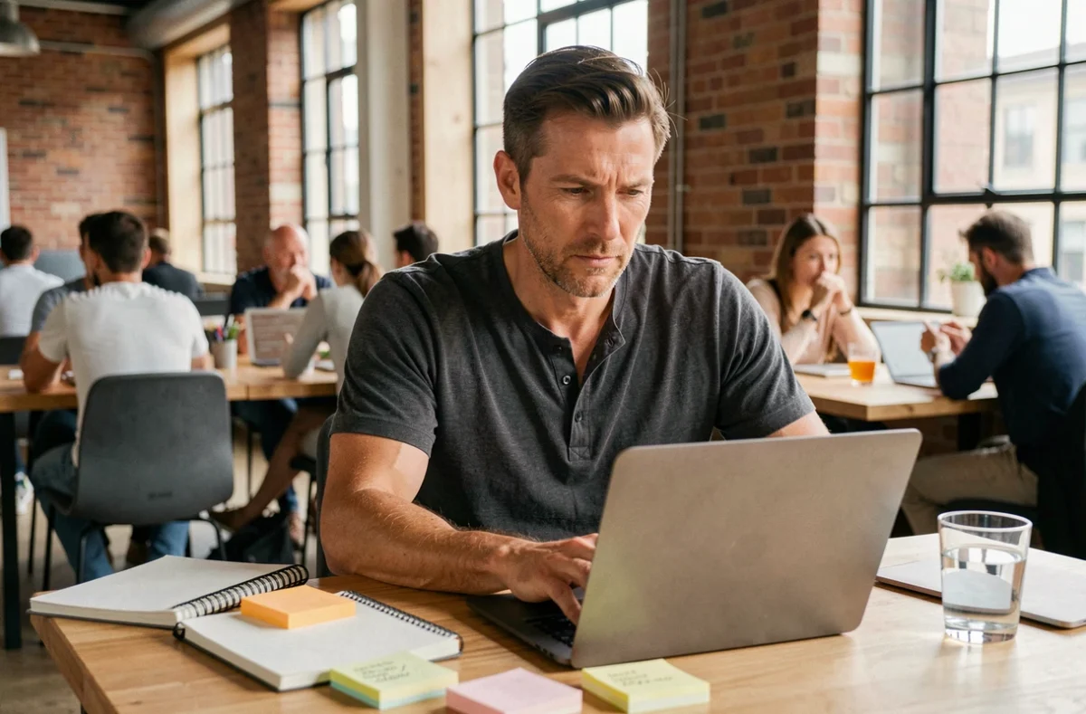 Consultant freelance en marketing travaillant en autonomie dans un espace de coworking moderne avec un ordinateur portable