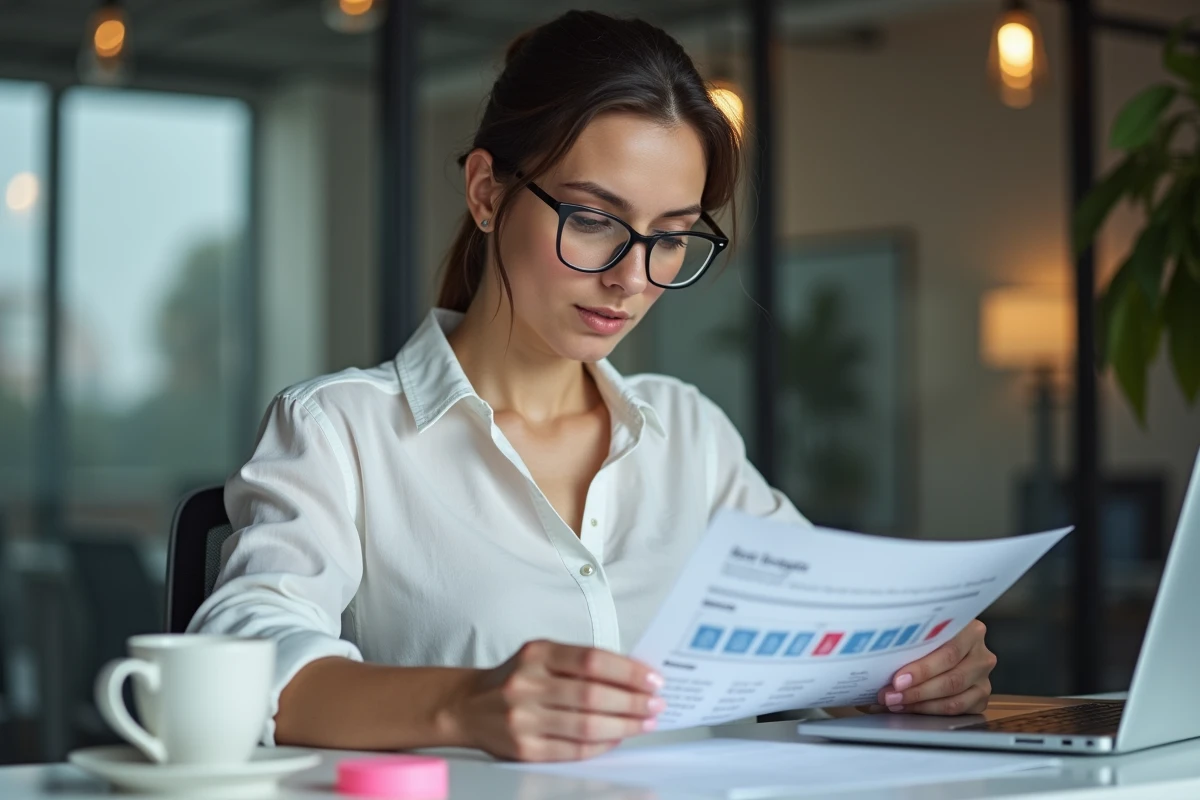 Consultante en marketing digital analysant une stratégie de communication dans les bureaux d'une agence française