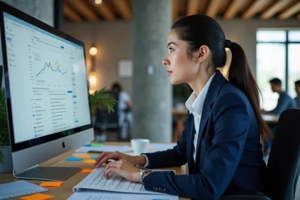 Consultante SEO de l'agence SMARTISTIC analysant des rapports de référencement naturel sur un écran d'ordinateur dans un bureau moderne