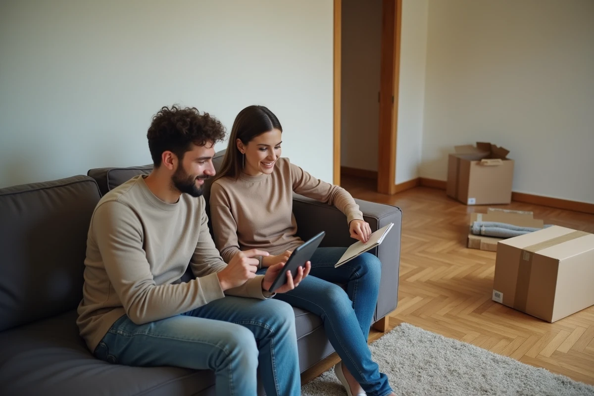 Couple consultant un comparatif de services de réexpédition postale sur tablette avant un déménagement