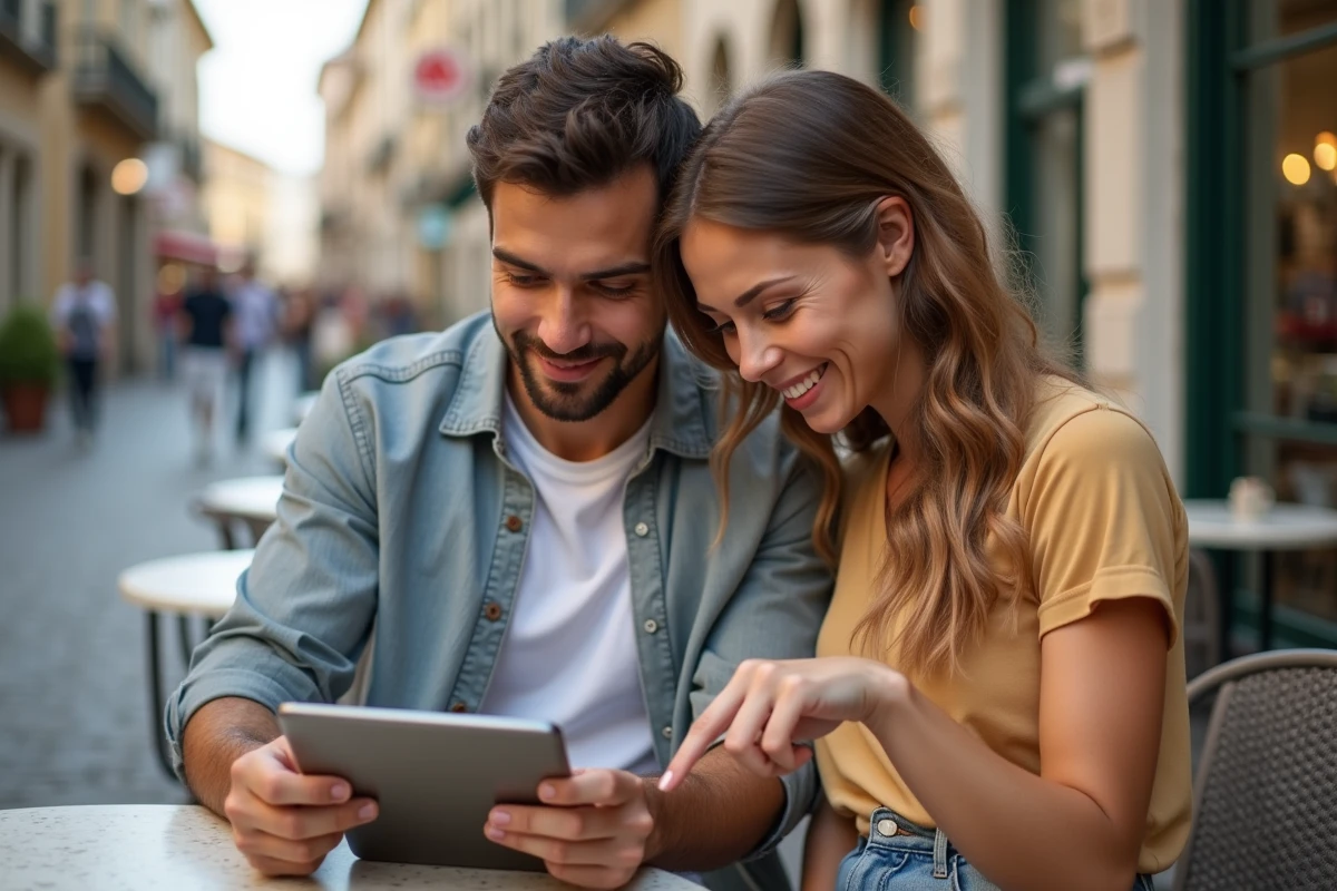 Couple vérifiant les coûts d'appel du service client France Télécom depuis l'étranger sur tablette