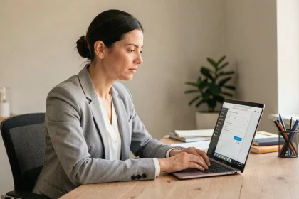 Femme créant un compte en ligne sécurisé sur son ordinateur portable dans un bureau à domicile