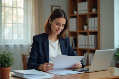 Femme micro-entrepreneuse consultant des documents administratifs pour créer sa micro-entreprise depuis son bureau à domicile