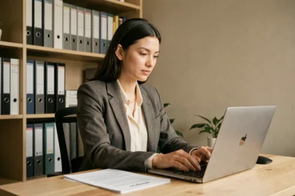 Créatrice d'entreprise travaillant seule dans un bureau à domicile, illustrant le recours à un secrétariat externalisé
