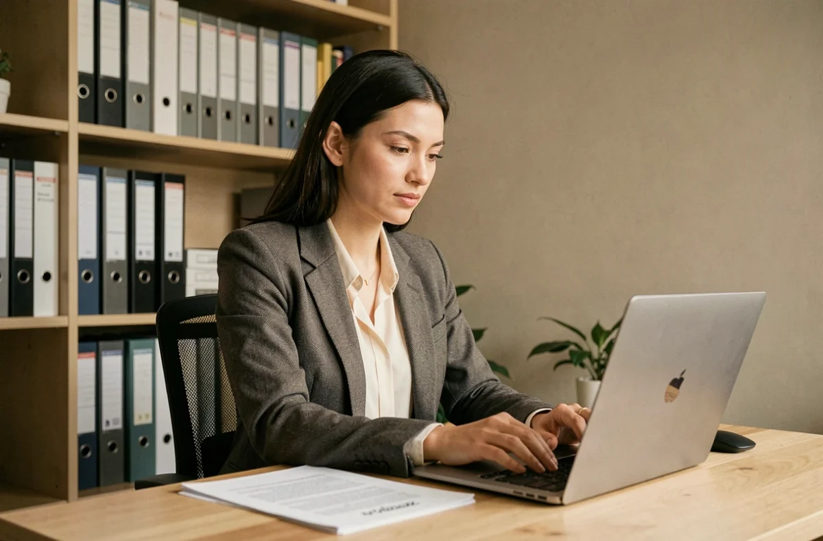 Créatrice d'entreprise travaillant seule dans un bureau à domicile, illustrant le recours à un secrétariat externalisé