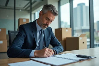 Professionnel en costume examinant des documents de conformité légale lors d'un débarras d'entreprise dans un bureau moderne