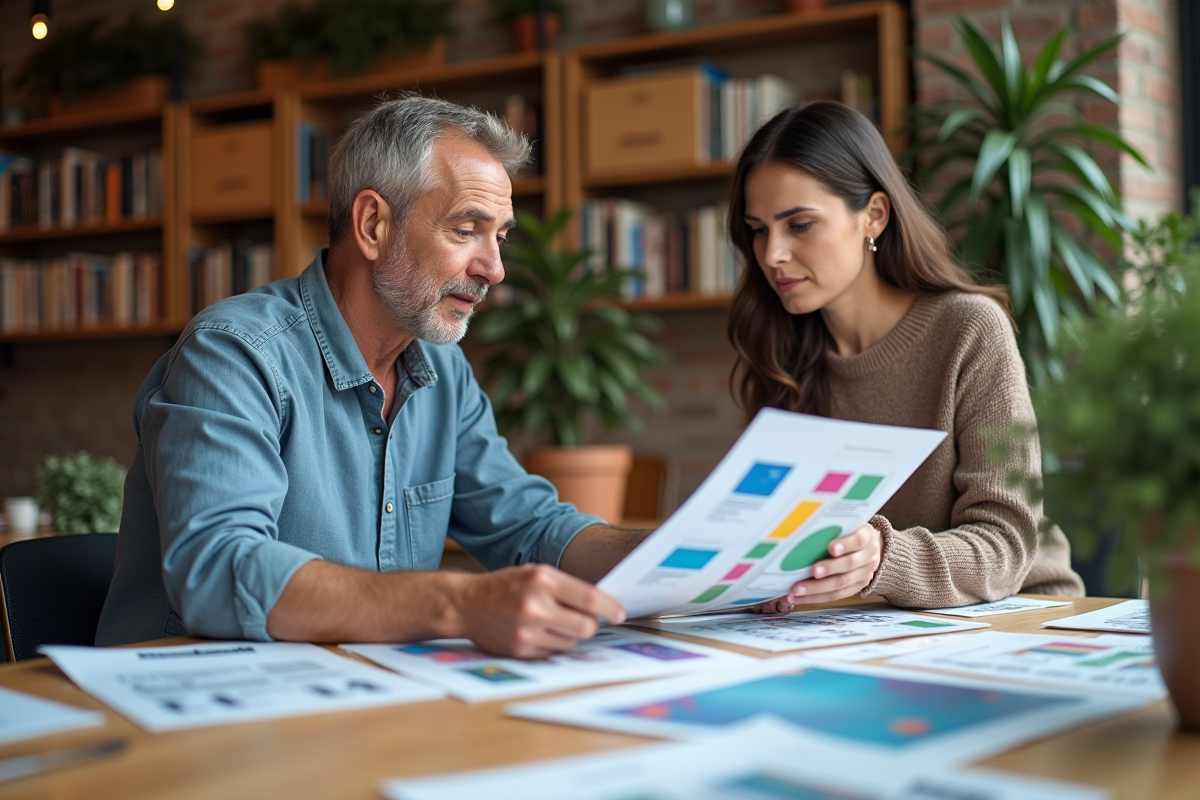 Designer graphique examinant affiches dans un studio créatif