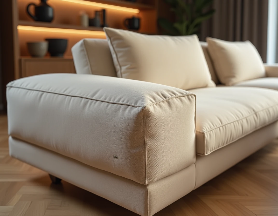 Détail en gros plan des coutures et du tissu bouclé d'un canapé SOFFRAN Tapizados de qualité supérieure