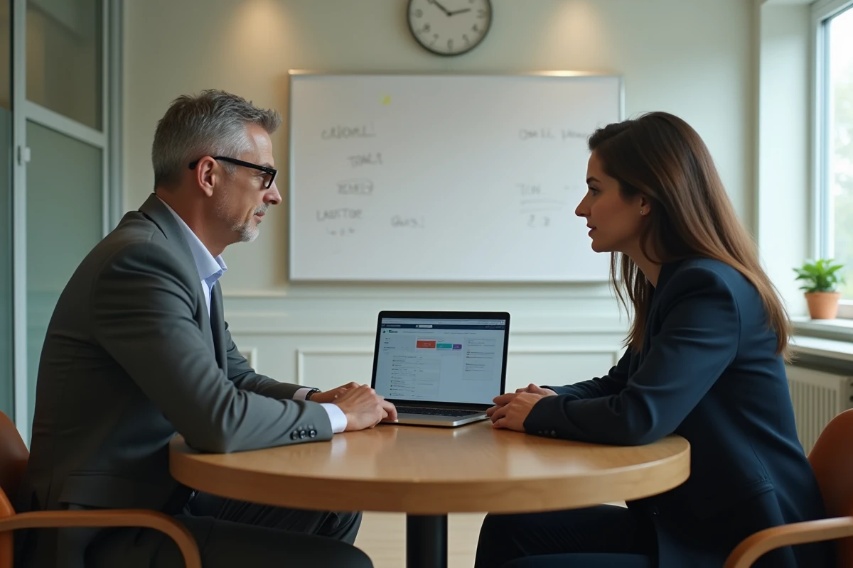 Deux conseillers professionnels collaborant devant un ordinateur portable pour accéder à une plateforme dédiée aux conseillers AKEO
