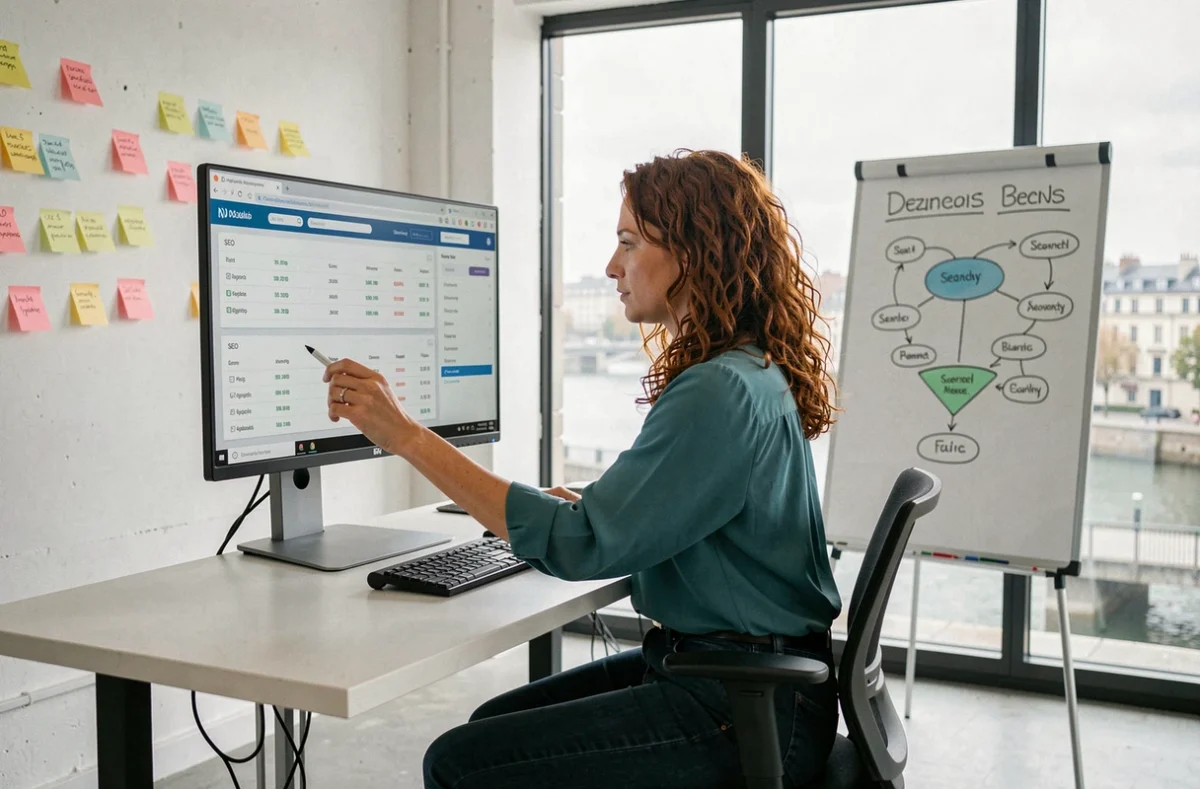 Spécialiste SEO de Digimood à Ivry-sur-Seine analysant des rapports de positionnement dans un bureau lumineux avec vue sur la Seine