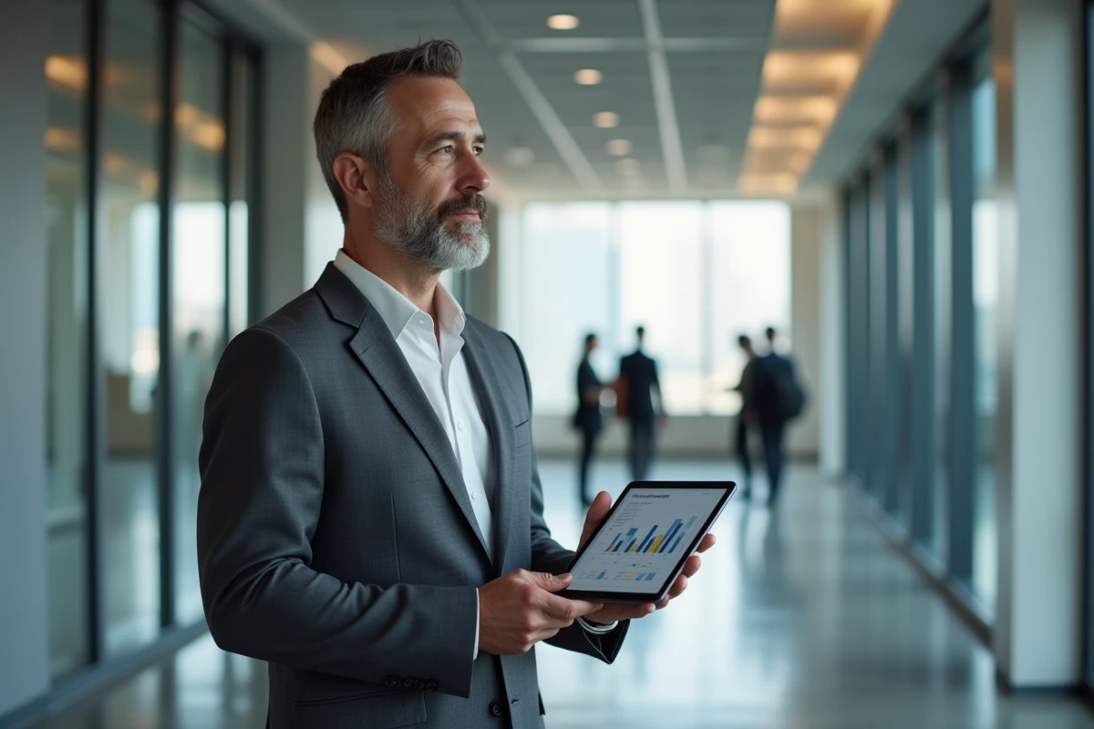 Directeur RH d'une entreprise B2B debout dans un couloir moderne tenant une tablette avec des indicateurs d'emploi et de formation