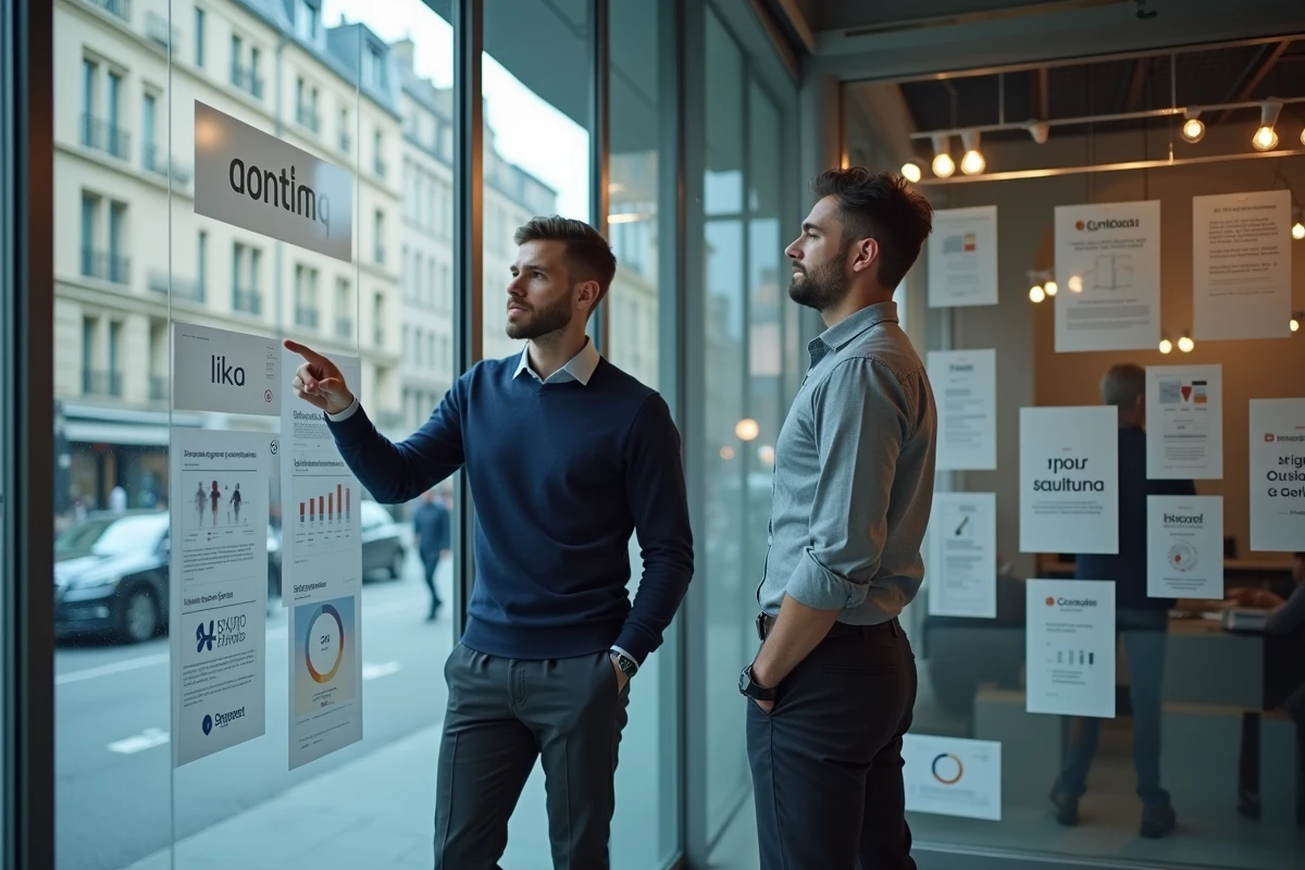 Deux directeurs créatifs d'une agence digitale française analysant des résultats de campagnes sur un mur de données