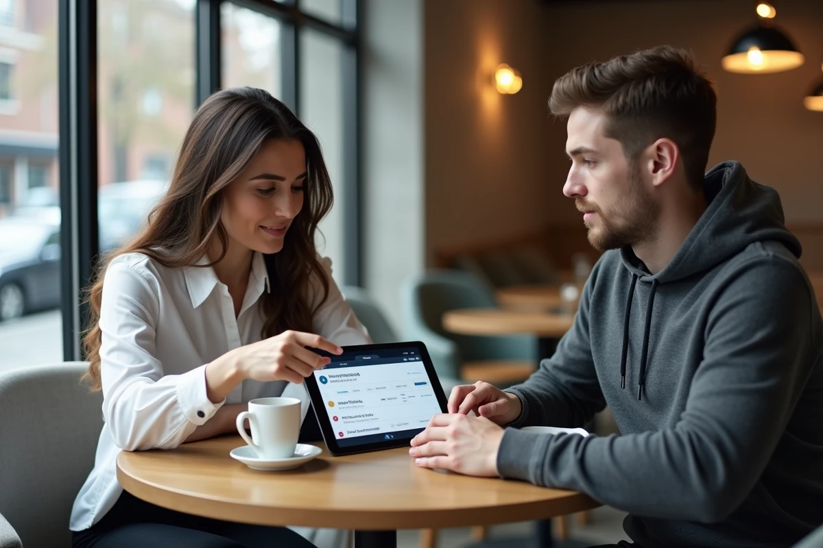 Deux jeunes professionnels discutant des tarifs d'outils d'IA pour débutants en marketing digital autour d'une tablette dans un café moderne