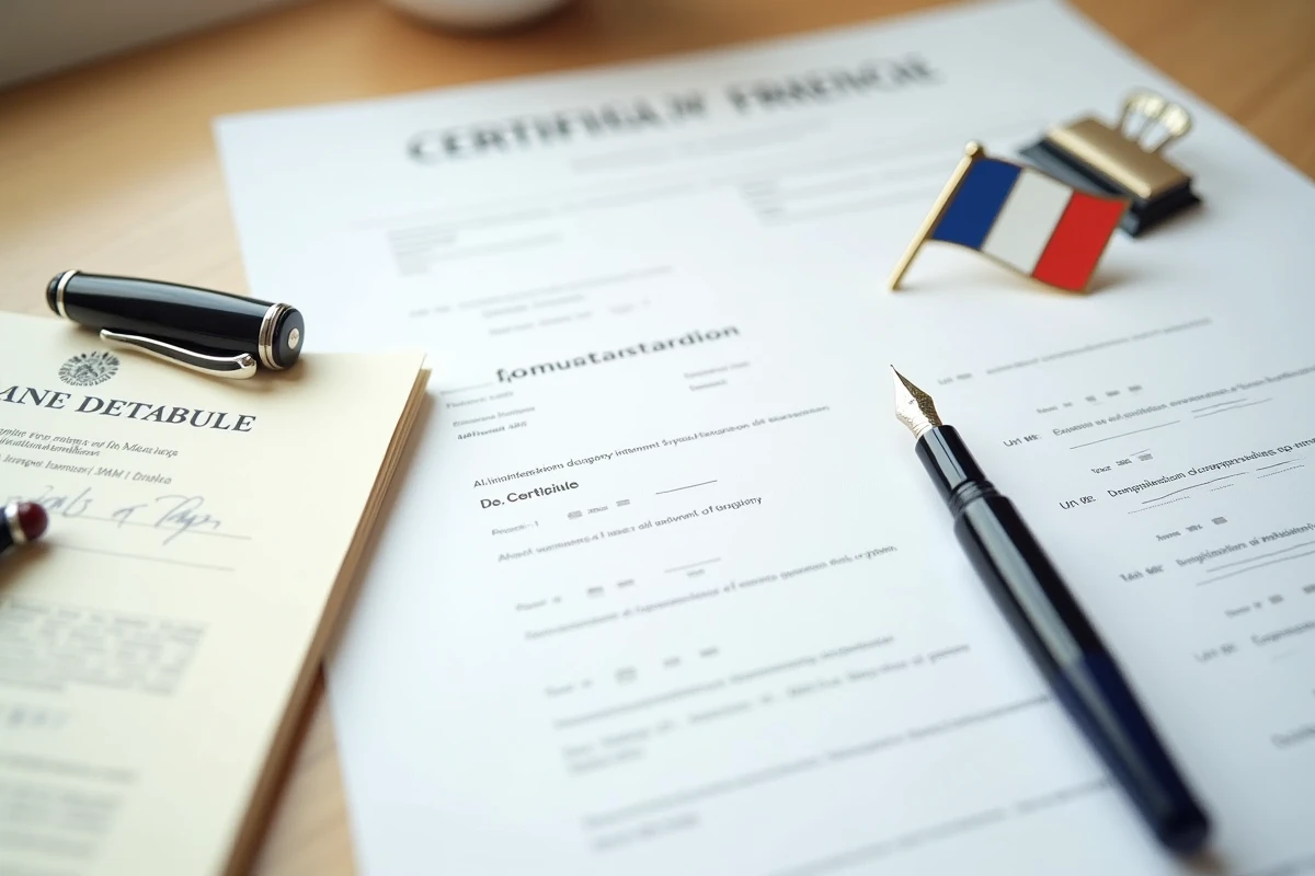 Vue aérienne d'un bureau avec les documents nécessaires pour constituer un dossier de médaille du travail en France