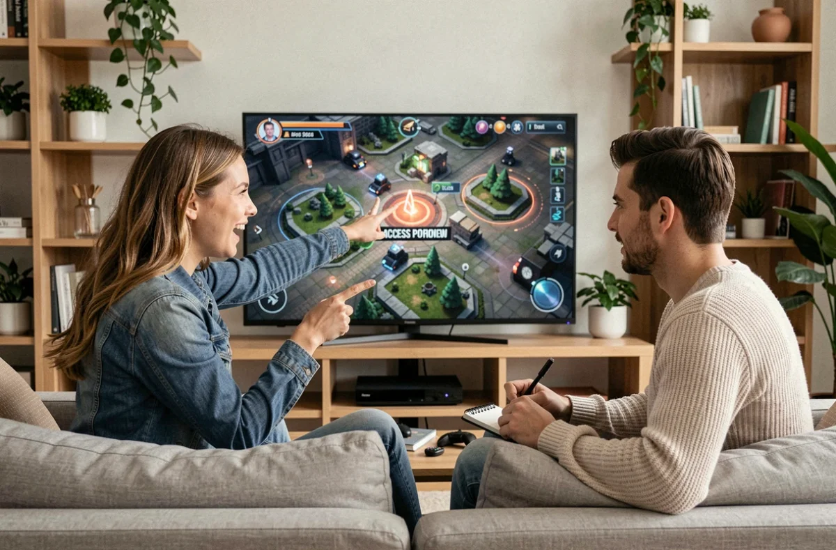Deux joueurs adultes analysant ensemble une carte de zone restreinte dans Arc Raiders sur grand écran TV dans un salon moderne