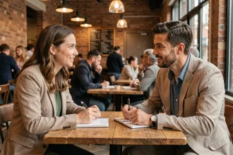 Deux adultes échangent leurs compétences lors d'une rencontre dans un café urbain avec des notes manuscrites