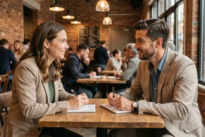 Deux adultes échangent leurs compétences lors d'une rencontre dans un café urbain avec des notes manuscrites