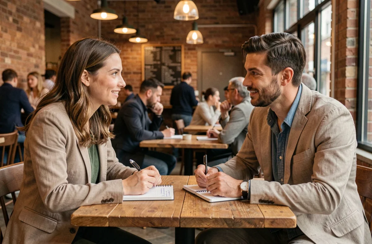 Deux adultes échangent leurs compétences lors d'une rencontre dans un café urbain avec des notes manuscrites