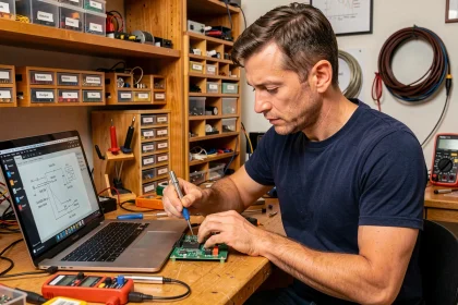 Électronicien amateur soudant un circuit imprimé sur un établi d'atelier avec ordinateur et composants électroniques