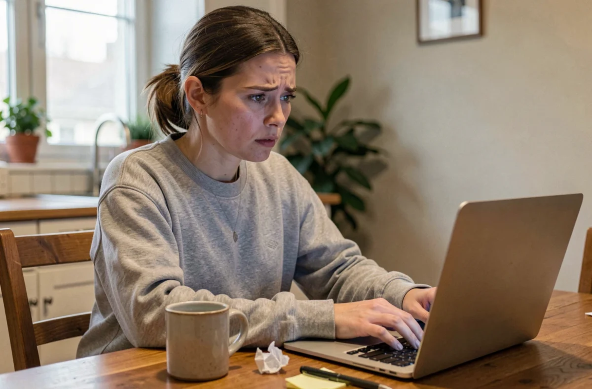 Femme rédigeant un email à son employeur depuis chez elle pour justifier une absence professionnelle