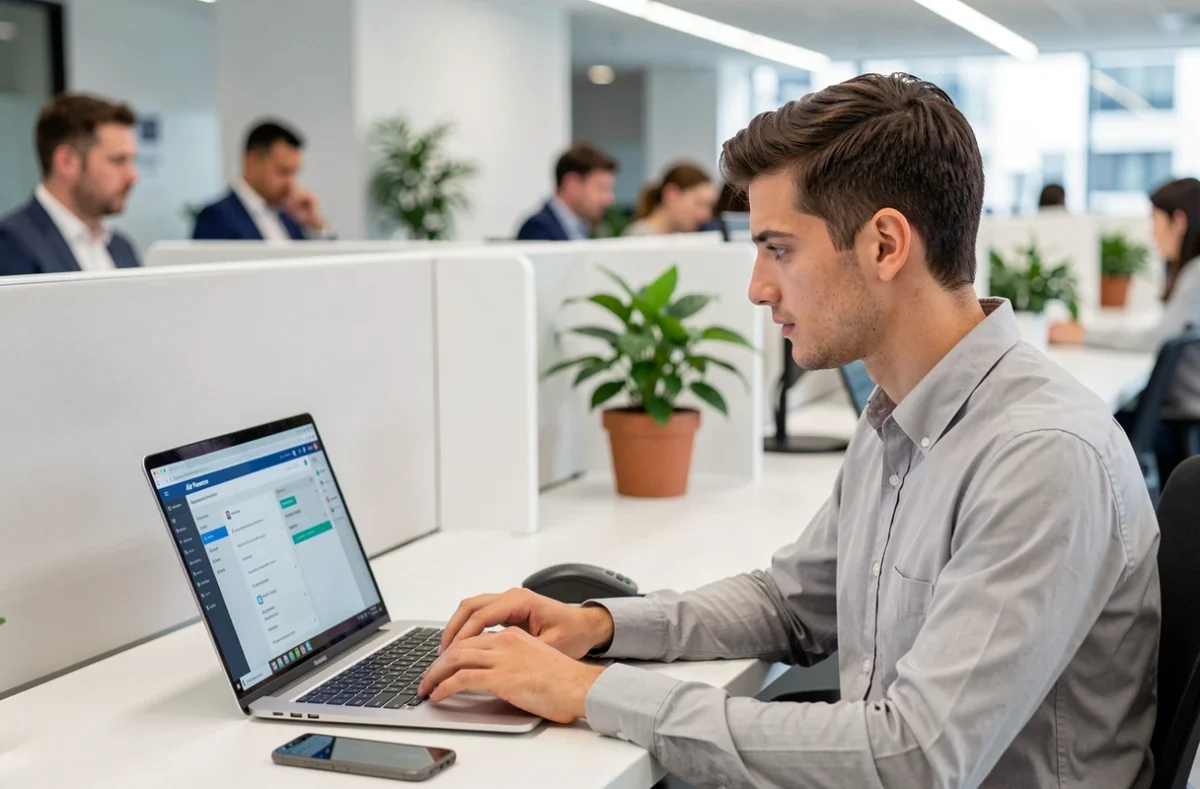 Employé Air France consultant l'intranet Intralignes sur ordinateur portable et smartphone dans un bureau moderne
