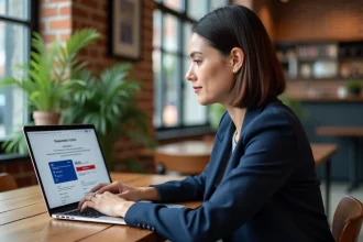 Employée Air France consultant Intralignes sur un ordinateur portable dans un café en dehors du réseau interne