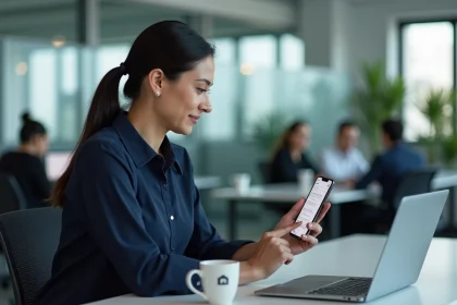 Employée consultant l'application Coffreo sur son smartphone dans un bureau moderne pour gérer ses contrats numériques