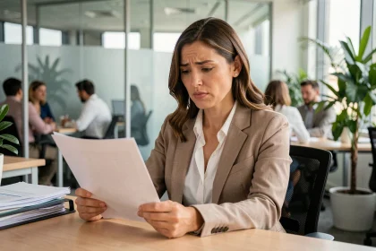 Employée de bureau lisant un document officiel d'absence avec une expression incertaine dans un open space professionnel