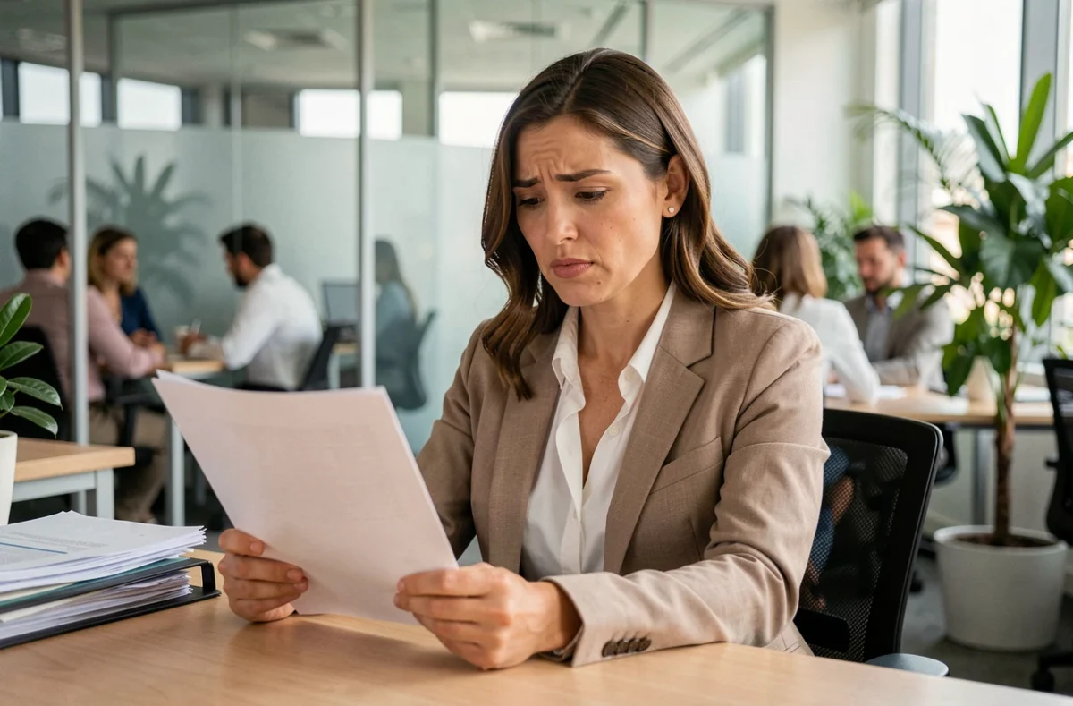 Employée de bureau lisant un document officiel d'absence avec une expression incertaine dans un open space professionnel