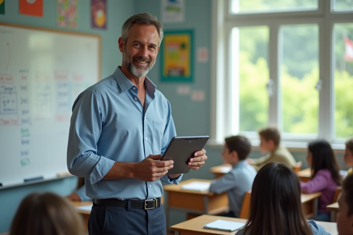 Enseignant dans une salle de classe avec tableau blanc