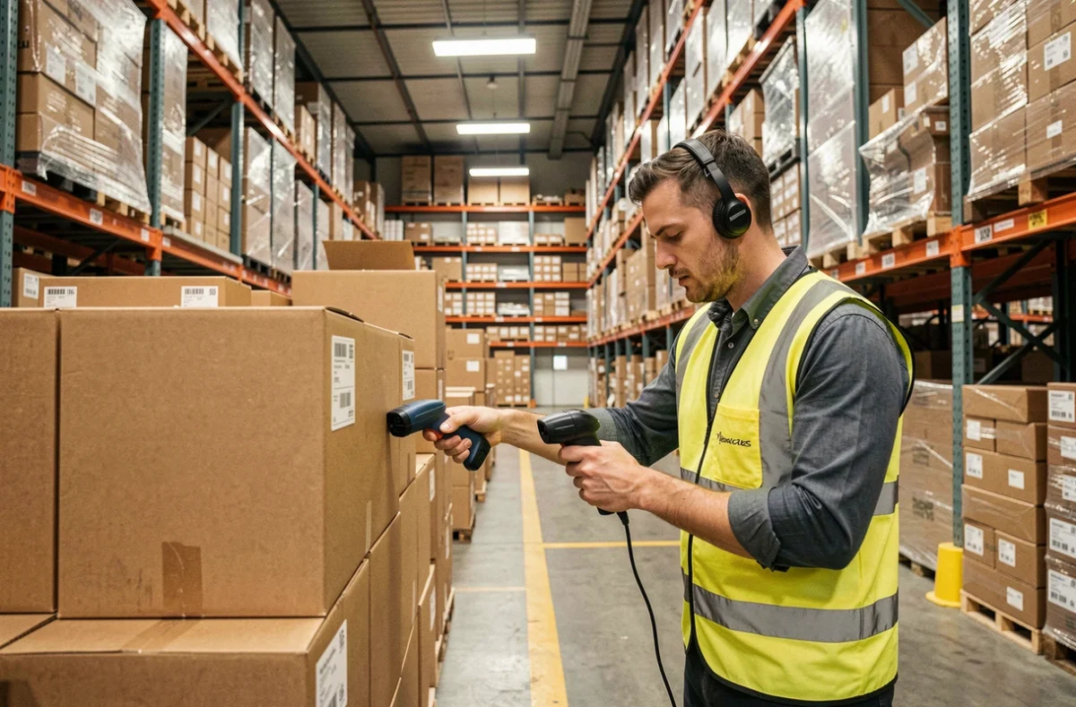 Employé de logistique scannant un colis dans un entrepôt de transport