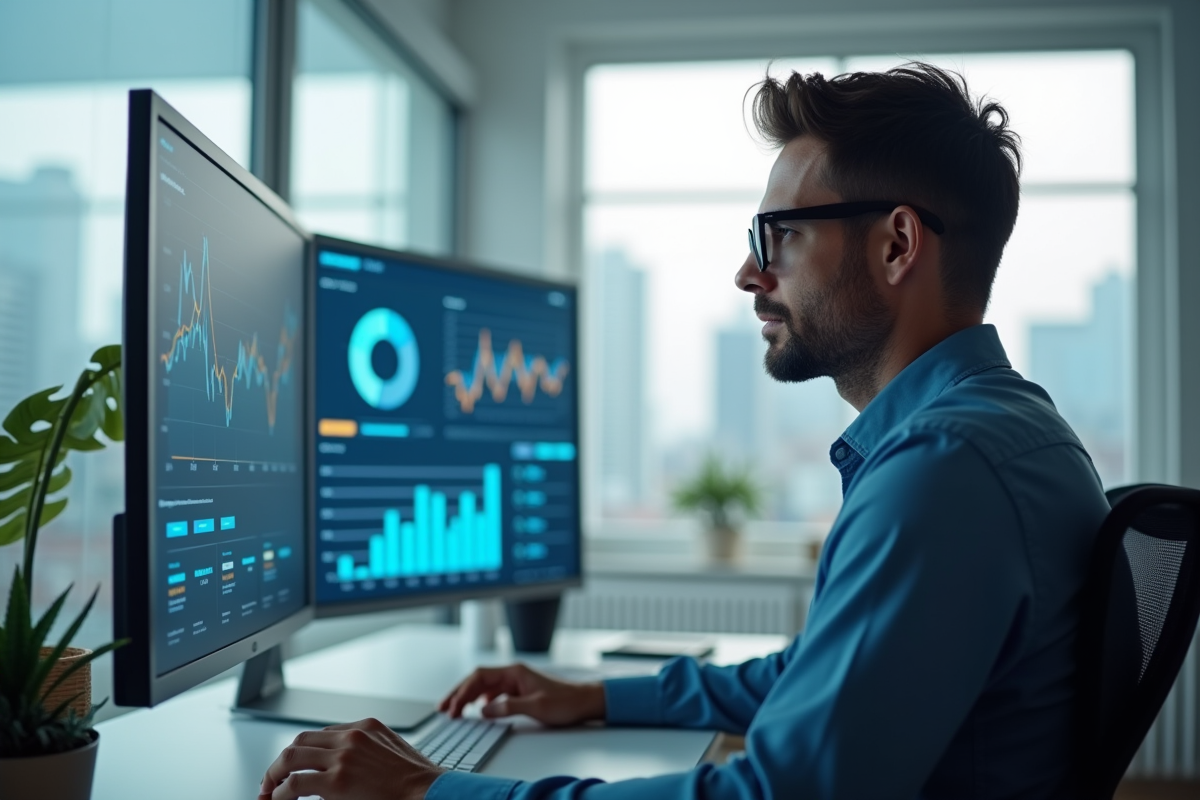 Entrepreneur analysant des données marketing sur un écran