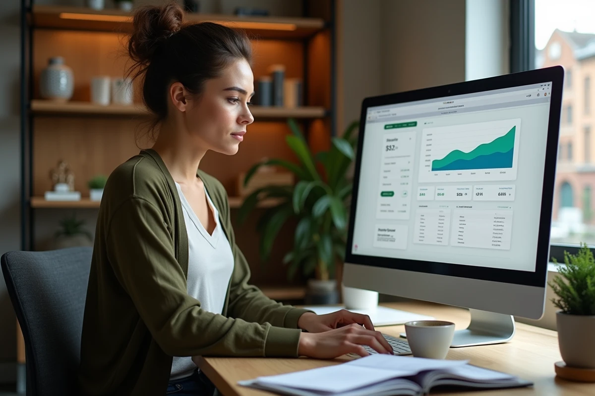 Petite entrepreneuse utilisant un logiciel de comptabilité en ligne depuis son bureau à domicile