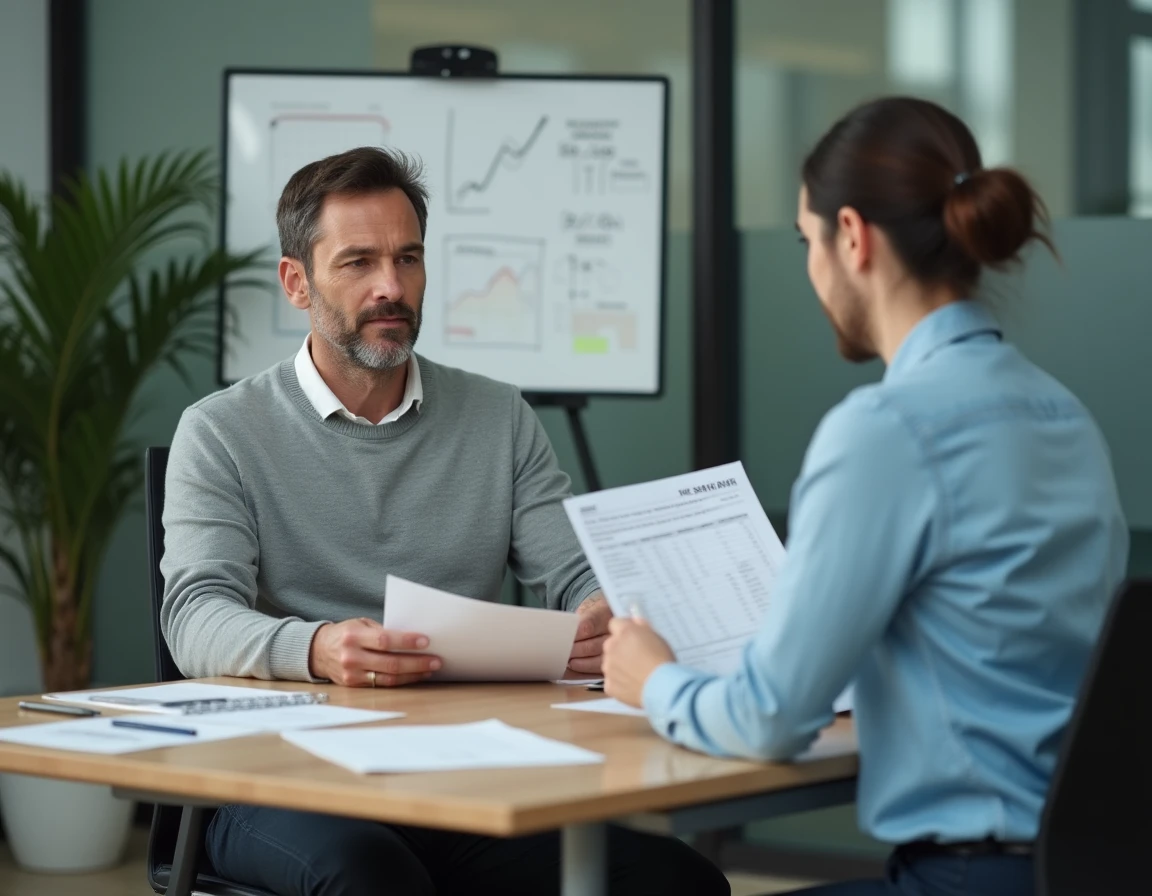 Employé discutant de la simulation de passage CDD en CDI et du calcul de l'indemnité de fin de contrat avec un RH