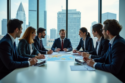 Groupe de professionnels en r&eacute;union avec cartes et graphiques