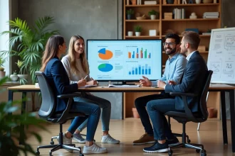 Équipe de l'agence digitale Rezoactif réunie autour d'un écran d'analyse de données dans un bureau moderne en open space