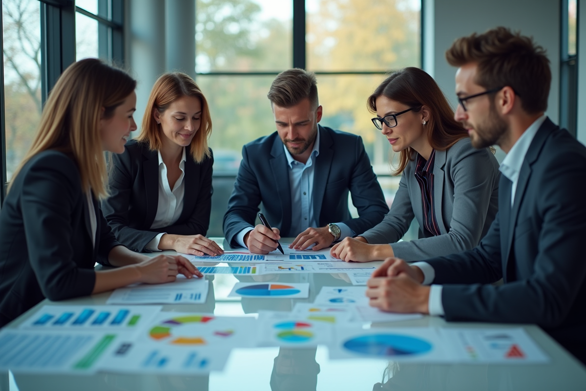 Groupe de professionnels analysant des graphiques colorés en réunion