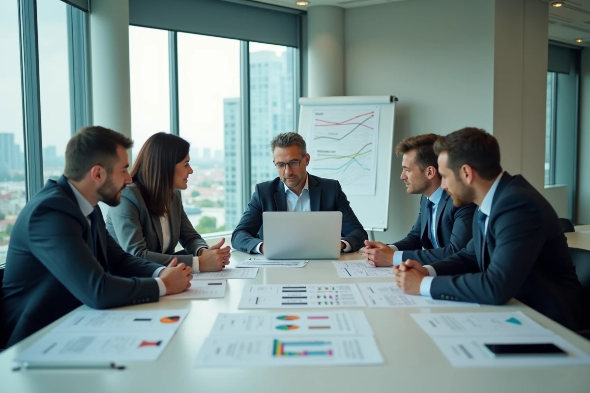 Équipe professionnelle analysant des rapports d'un système ERP lors d'une réunion d'entreprise