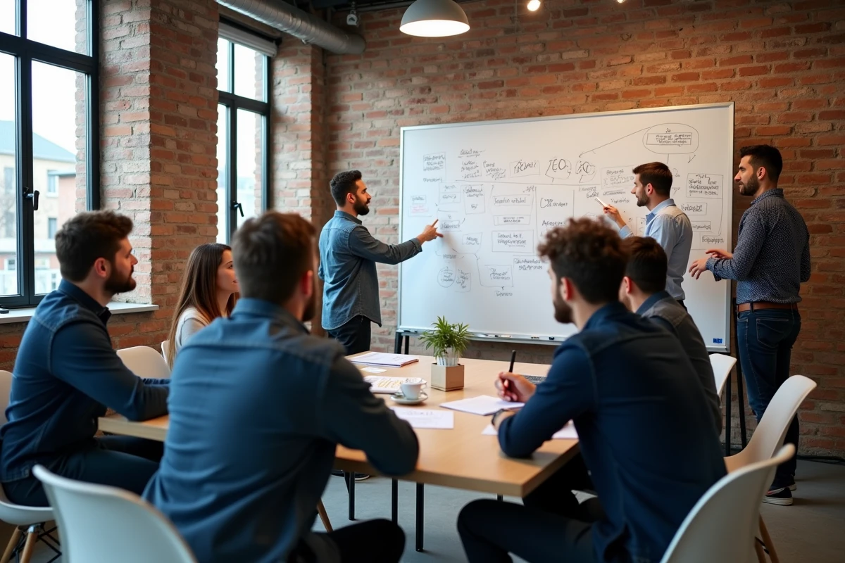Groupe de jeunes professionnels en réunion de brainstorming SEO