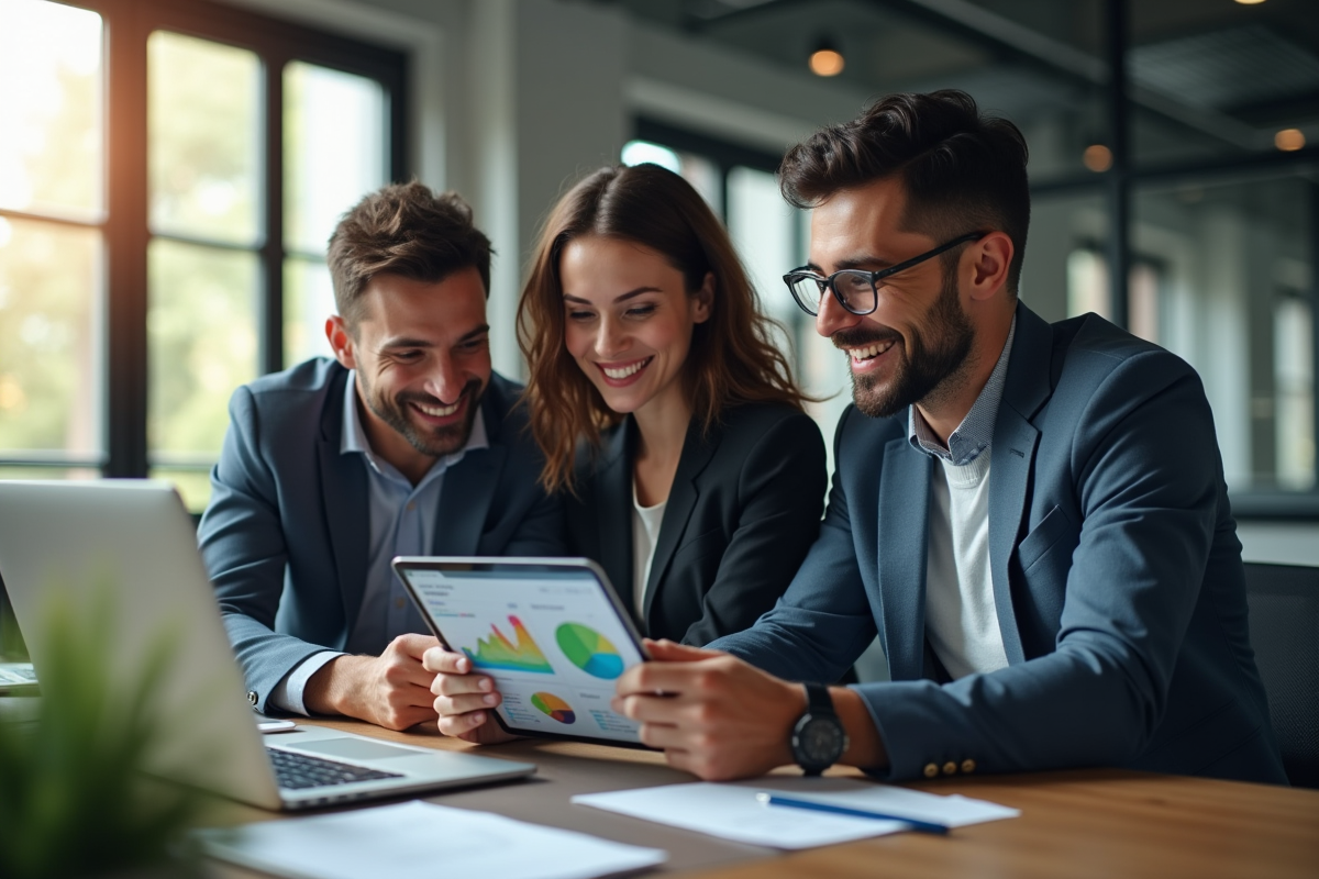 Groupe de professionnels collaborant avec des visualisations de données