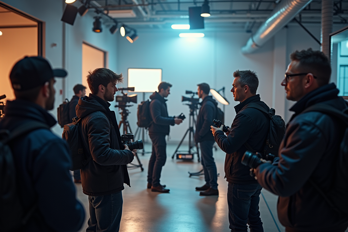 Equipe de tournage professionnel en studio lumineux