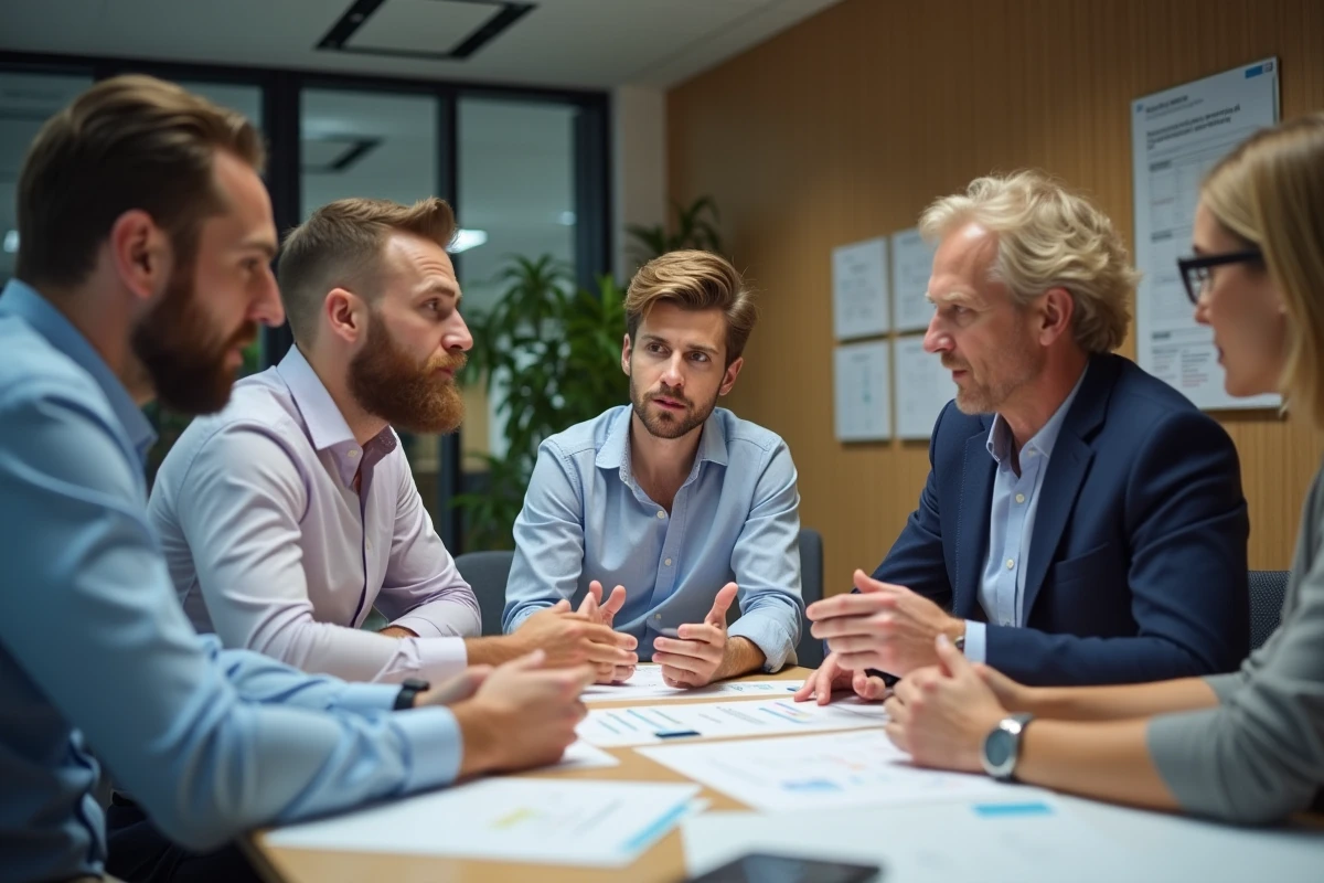 Groupe de professionnels logistiques en réunion dans un bureau moderne